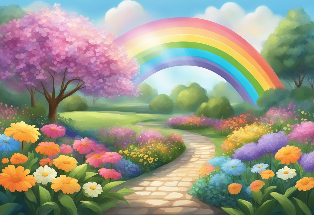 A digital illustration of a vibrant rainbow in a well manicured park with flowers and blooming trees.