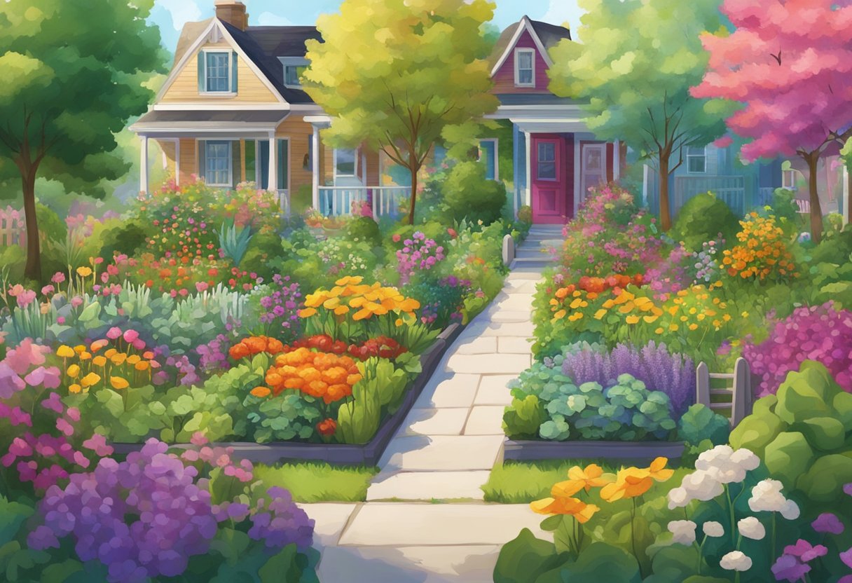 A digital illustration of a front yard garden