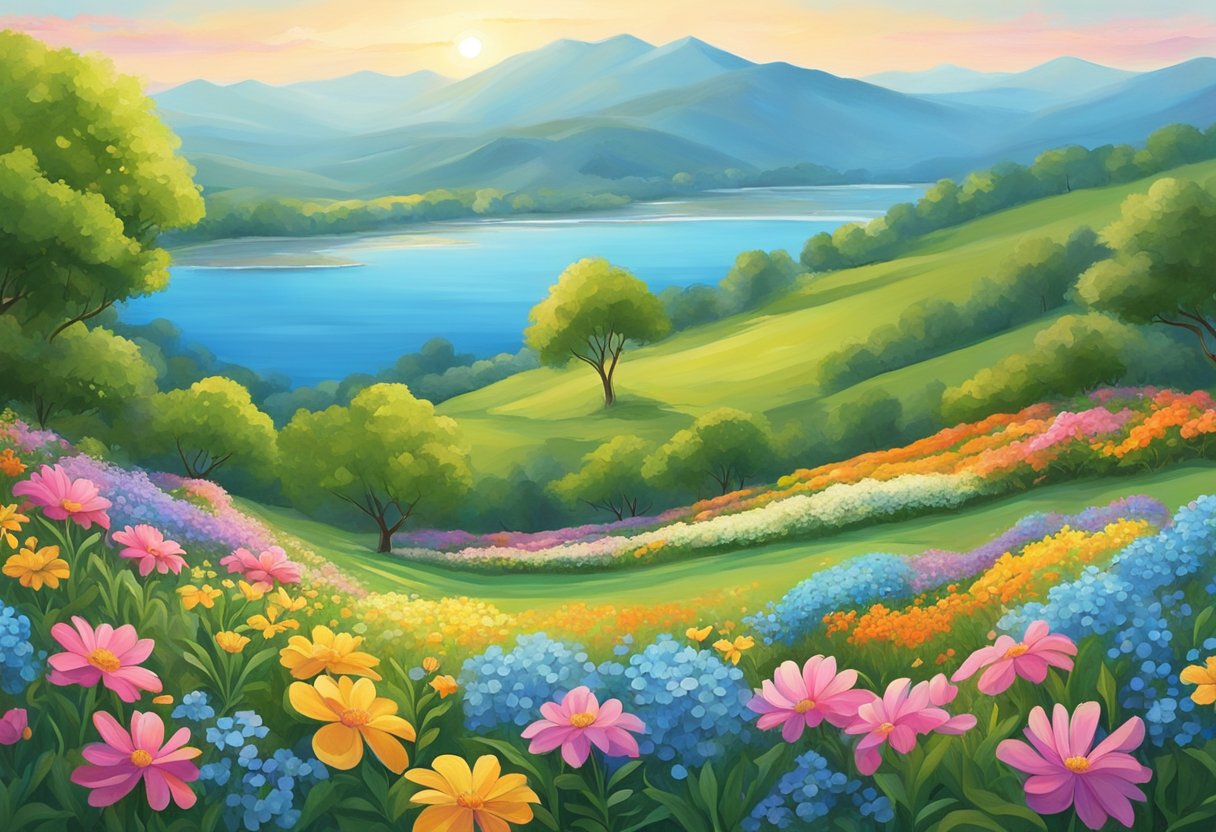 A digital illustration of a a landscape over looking a lake and mountains in the background with colorful flowers, treees and open meadows.