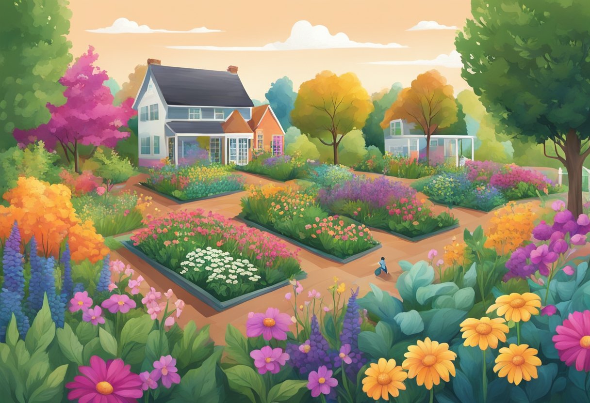 A digital illustration of a back yard garden