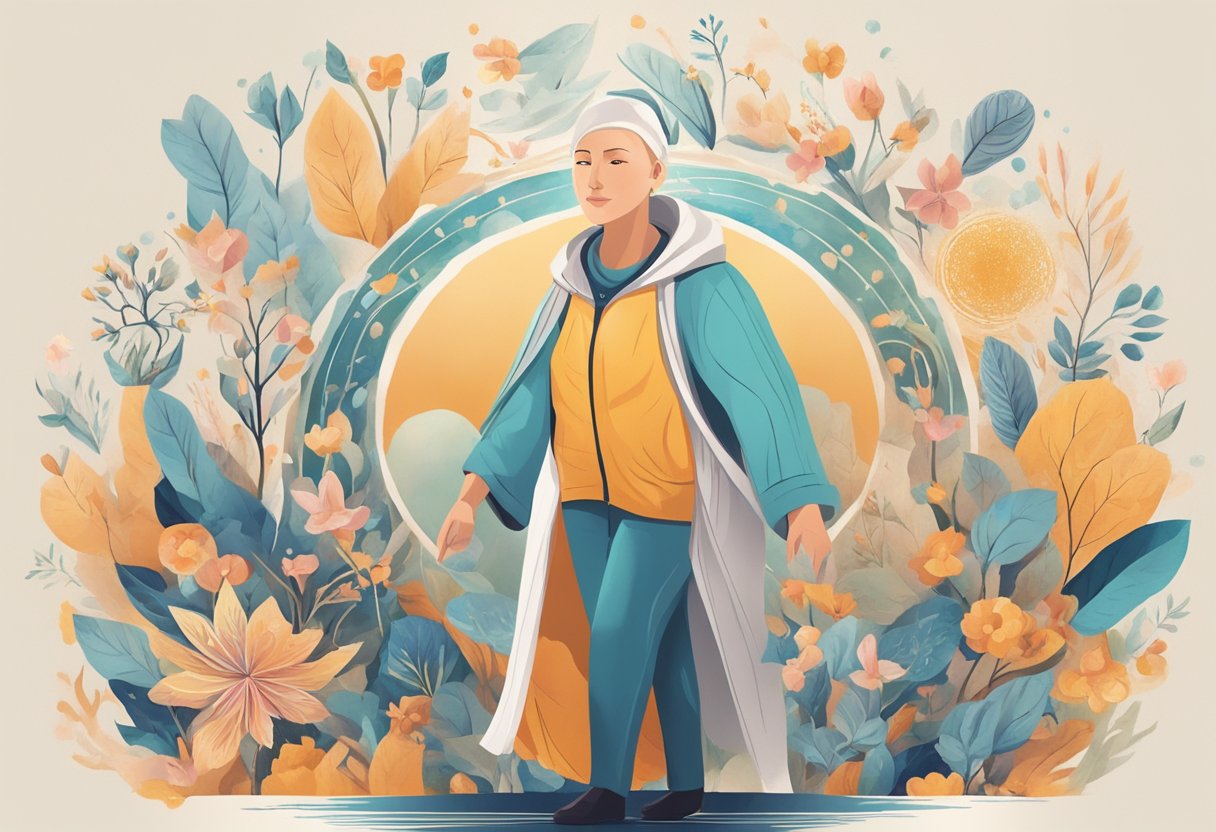 A digital illustration of a female cancer thriver with a circular floral background