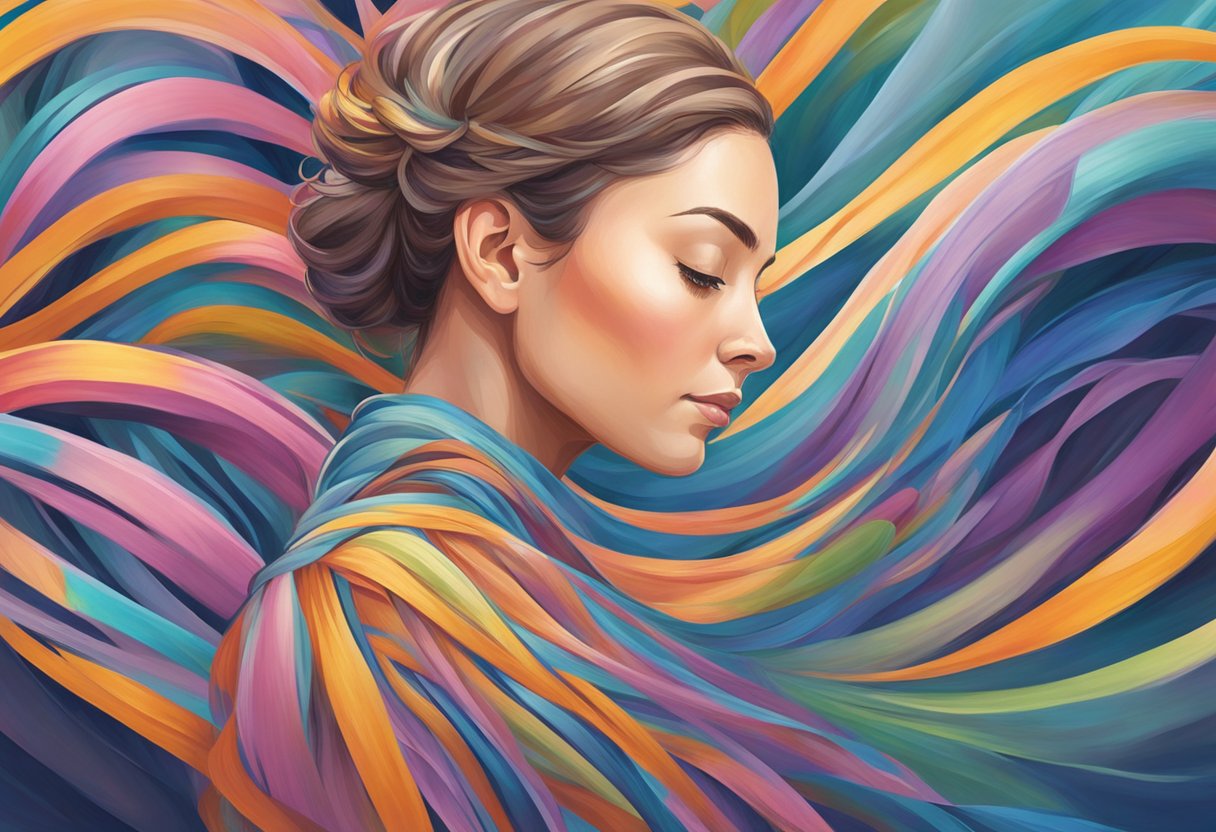 A digital illustration of a woman with colorful ribbons flowing