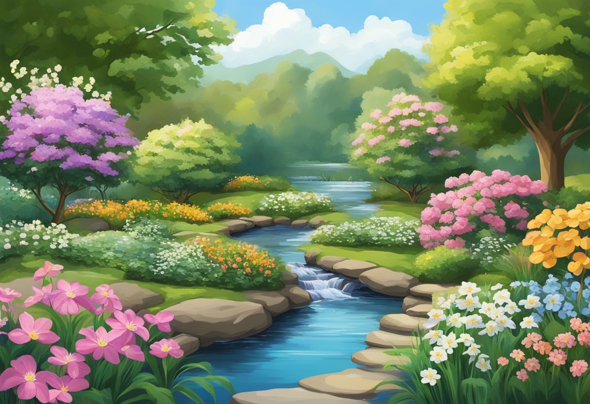 A digital illustration of a a blooming park with a stream flowing through the middle.