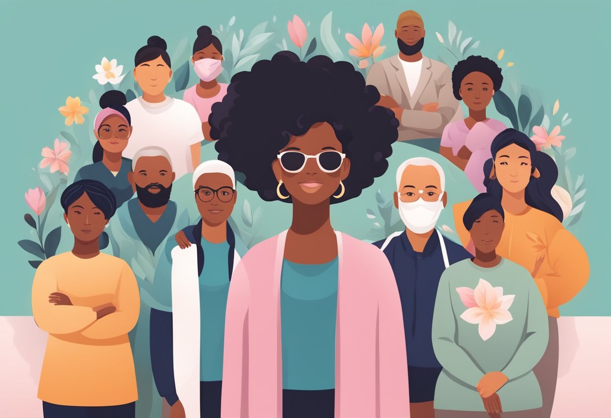 A digital illustration of a a group of cancer thrivers looking at the camera