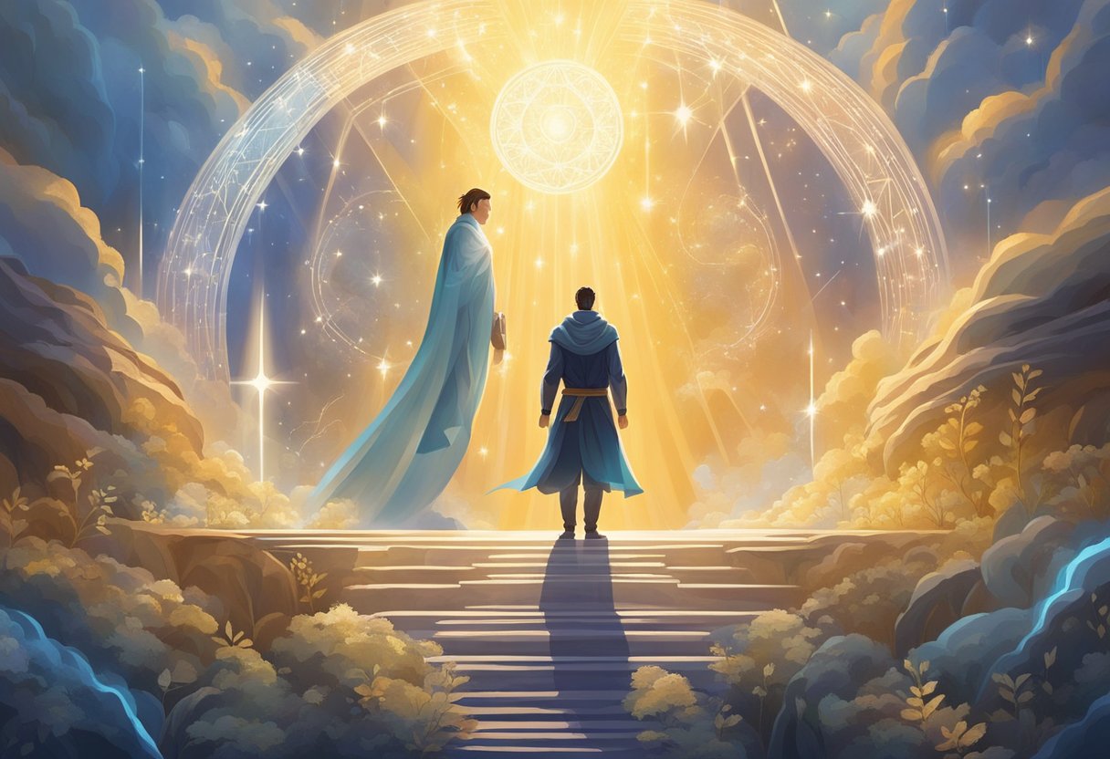 A digital illustration of a a man on a mystical journey