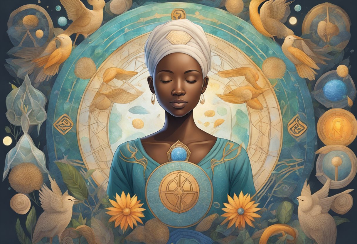 A digital illustration of a lady at peace