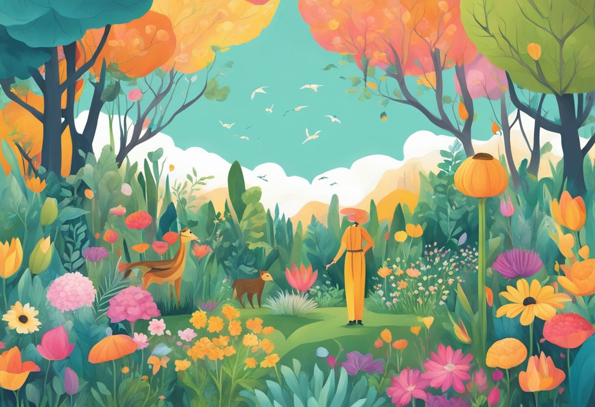 A digital illustration of a a lady in a colorful forest surrounded by plants and animals