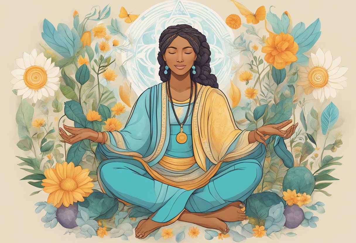 A digital illustration of of a female in meditation surrounded by a floral and spiritual background