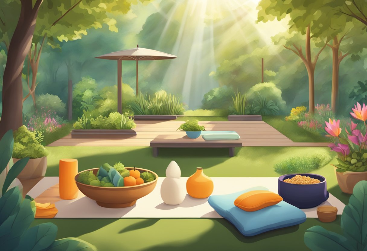 A digital illustration of a back yard created for peace and zen