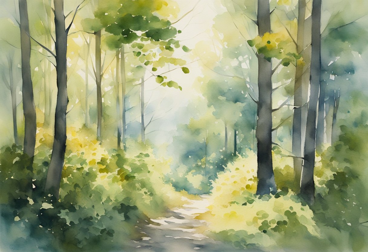 A digital illustration of a walking path through a forest