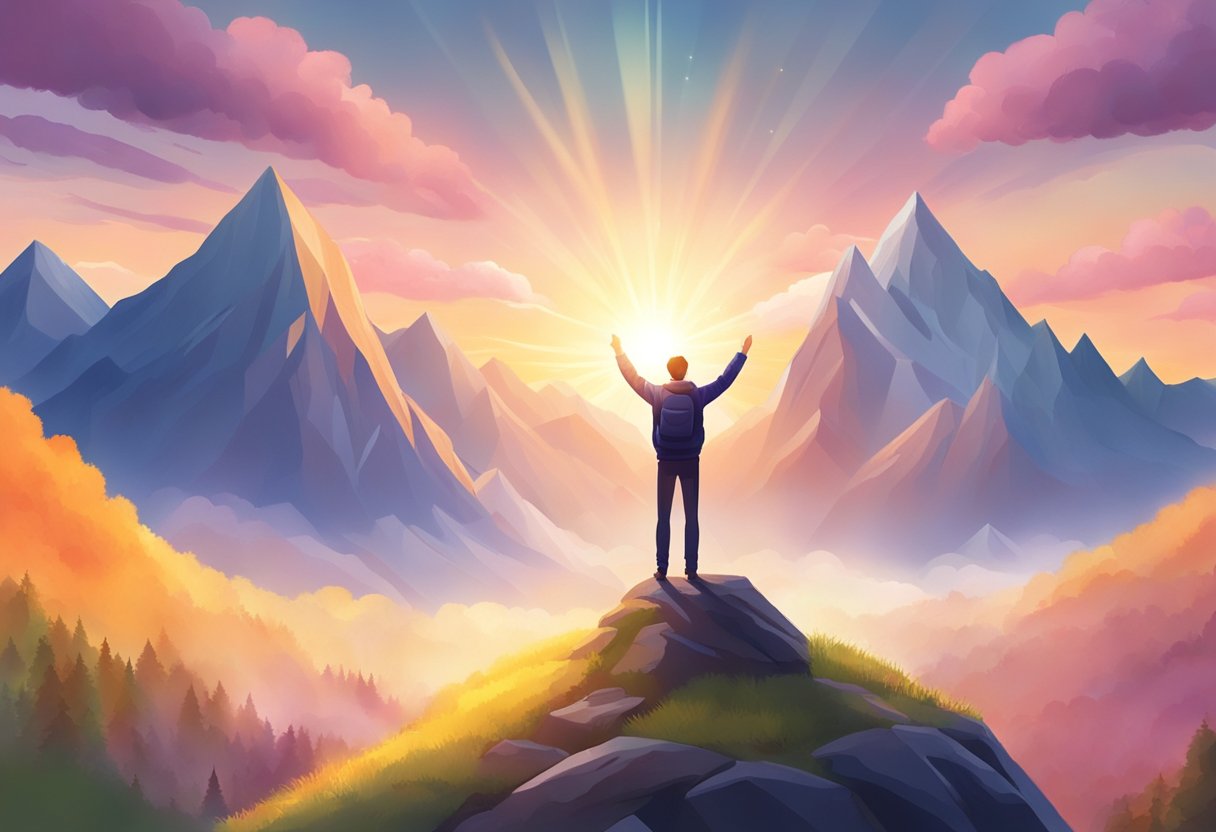 A digital illustration of a a man on top of a hill overlooking a beautiful jagged mountain range and valley at sunset