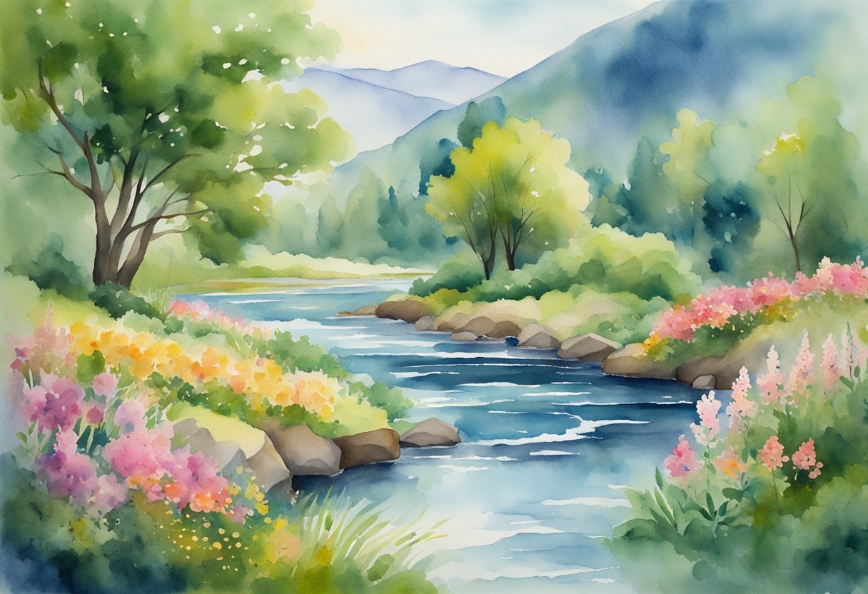 A digital illustration of a flowing river in a valley bottom