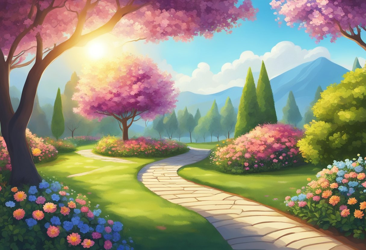 A digital illustration of a a stone path through a park with blooming trees and colorful folwers