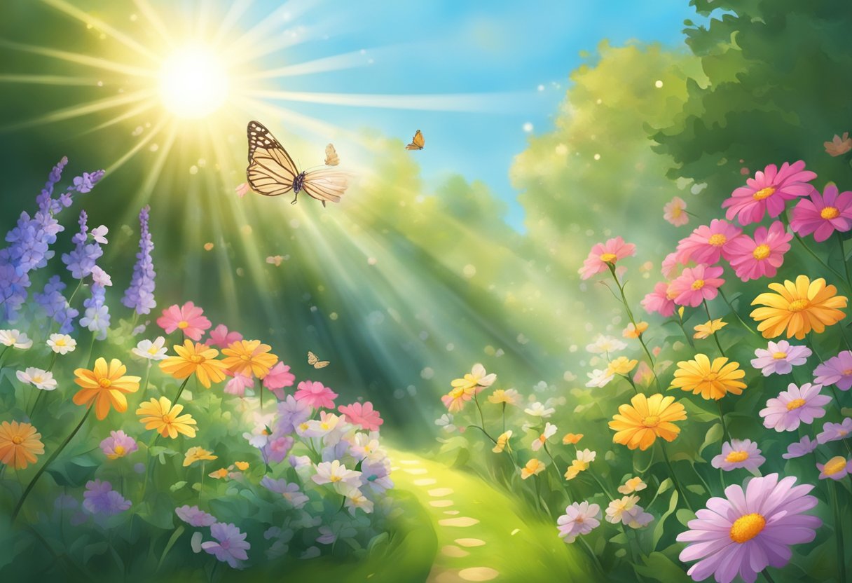 A digital illustration of a a active garden with butterflies and colorful folwers