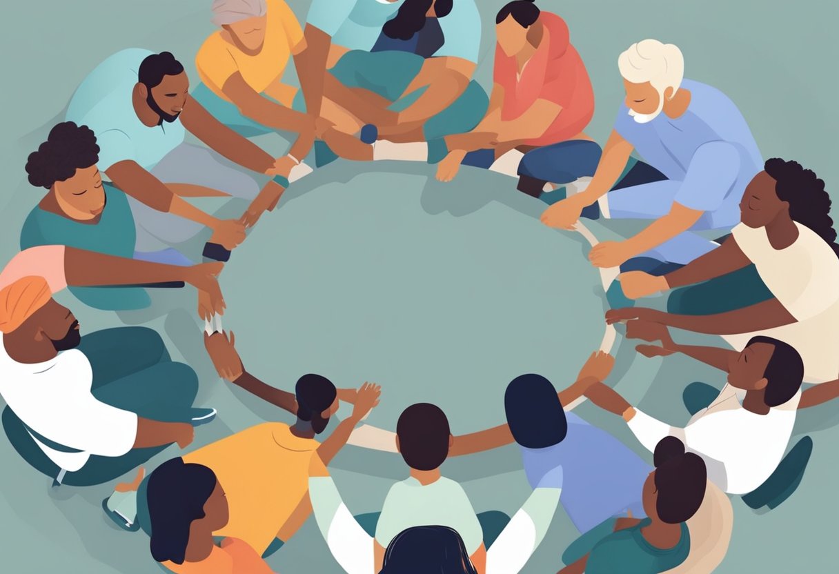 A digital illustration of a circle of people holding hands 