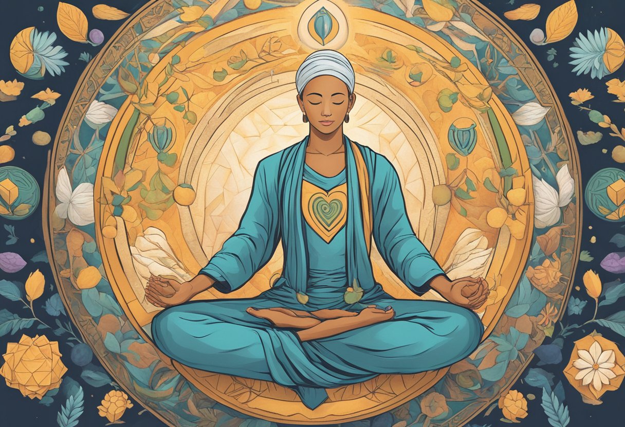 A digital illustration of a woman practicing meditation with a spiritual circular background 