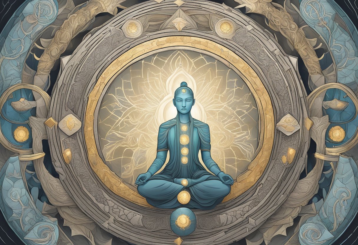 A digital illustration of a female like budda figure in a circular and mystical background