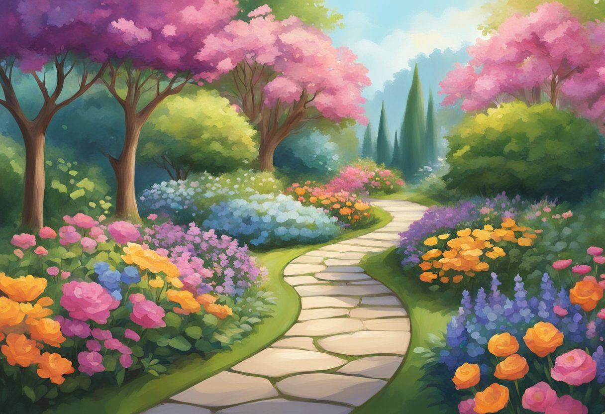 A digital illustration of a beautiful garden with a stone walking path through the middle
