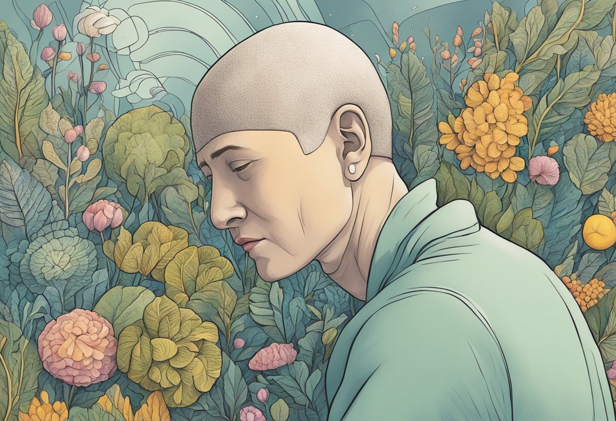 A digital illustration of a cancer survivor in a floral setting