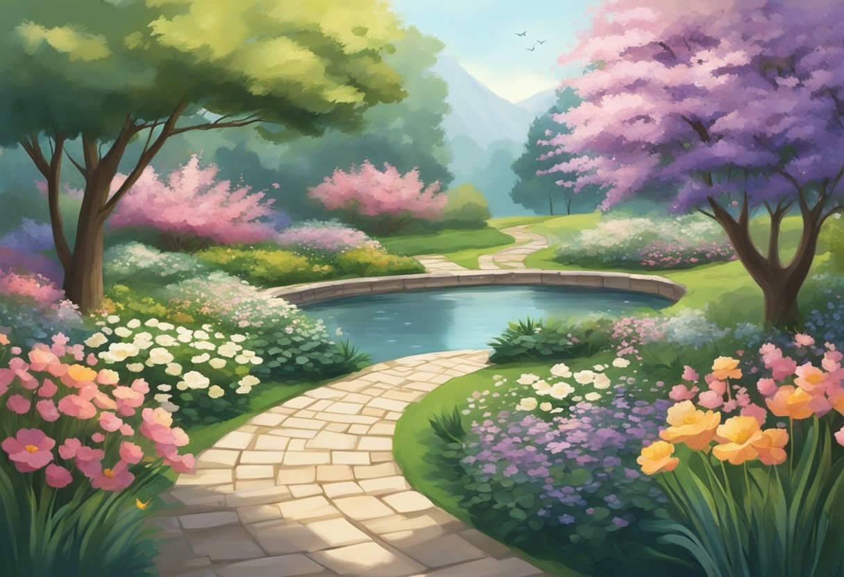 A digital illustration of a pond in a garden with flowers and blooming trees