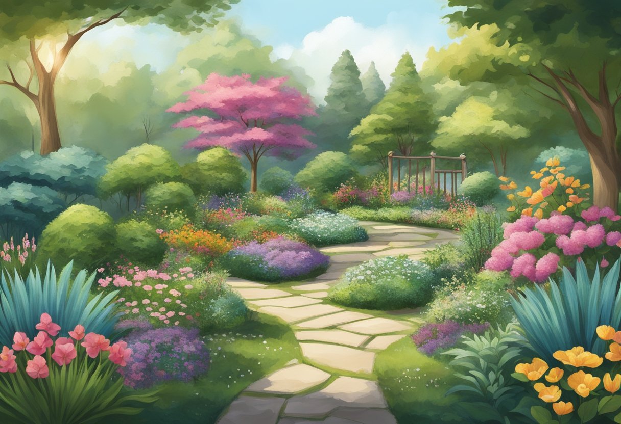 A digital illustration of a garden with a stome walking path through the middle