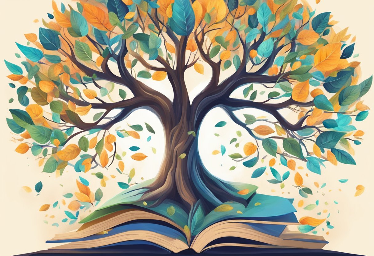 A digital illustration of the tree of life growing out of a book