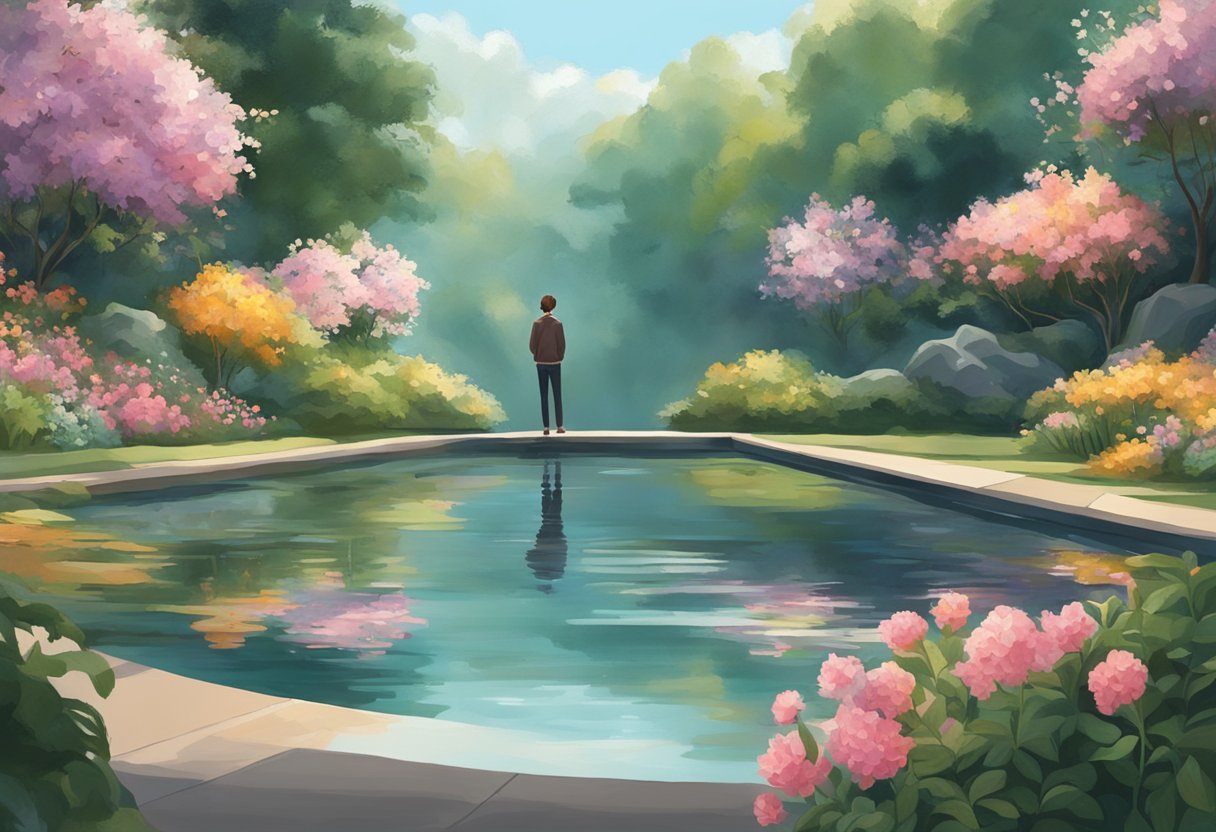 A digital Illustration of a man on the far side of a reflection pool with blooming trees