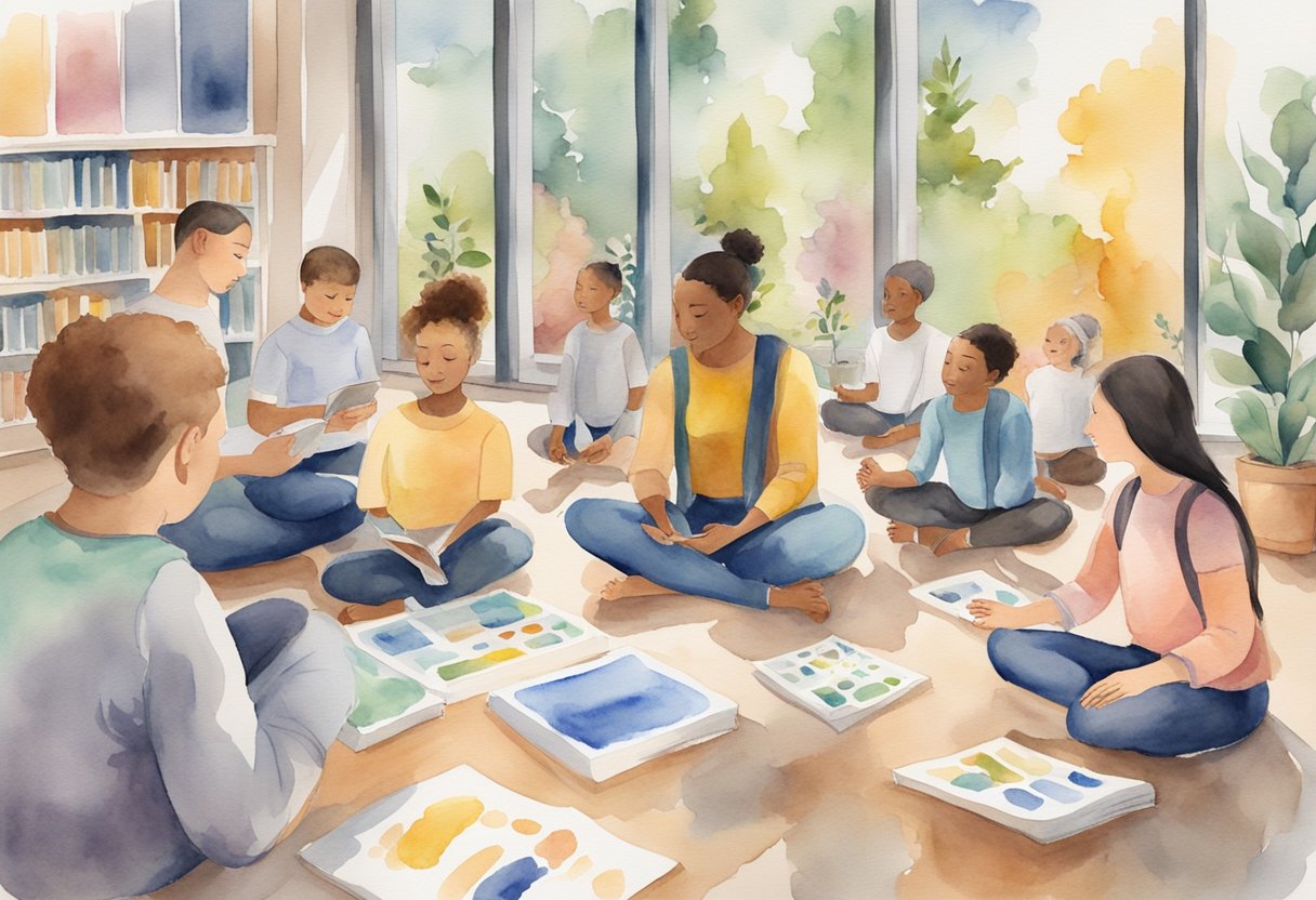 A digital illustration of children and a teacher sitting on the floor going over school lessons