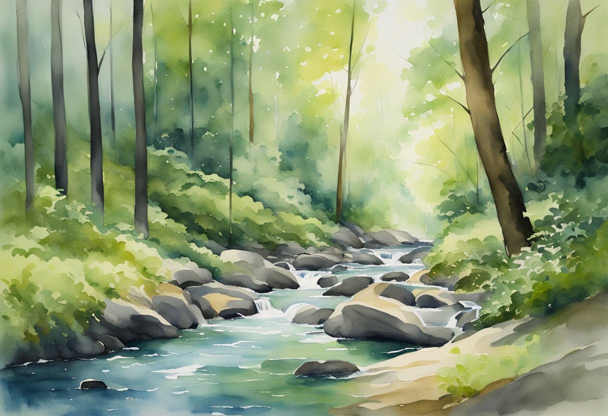 A digital illustration of a flowing river through a forest