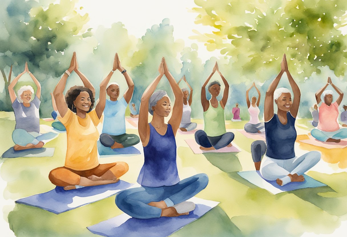 A digital illustration of a group of women practicing yoga in a park