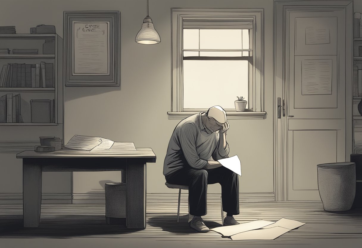 A digital illustration of a man under duress looking at some paperwork