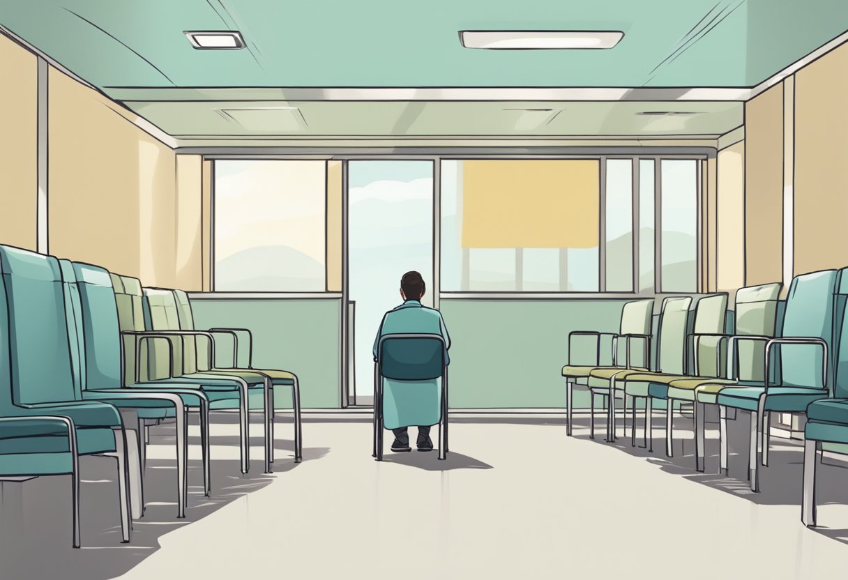 A digital illustration of a lonely patient waiting in a waiting room