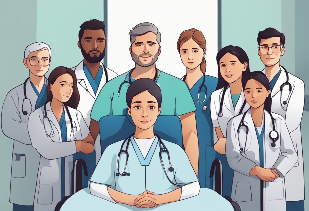 A digital illustration of doctors and nurses posing in front of the camera
