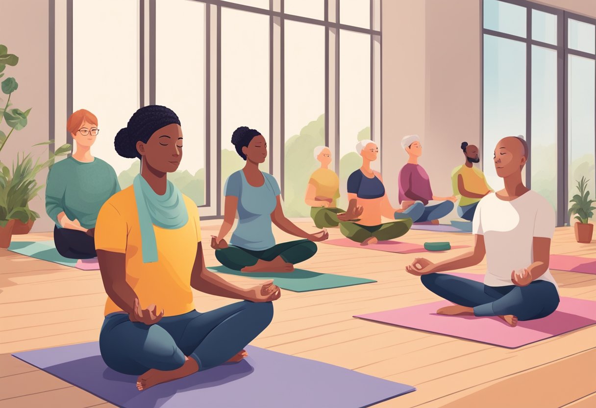 A digital illustration of a group of women practicing meditation