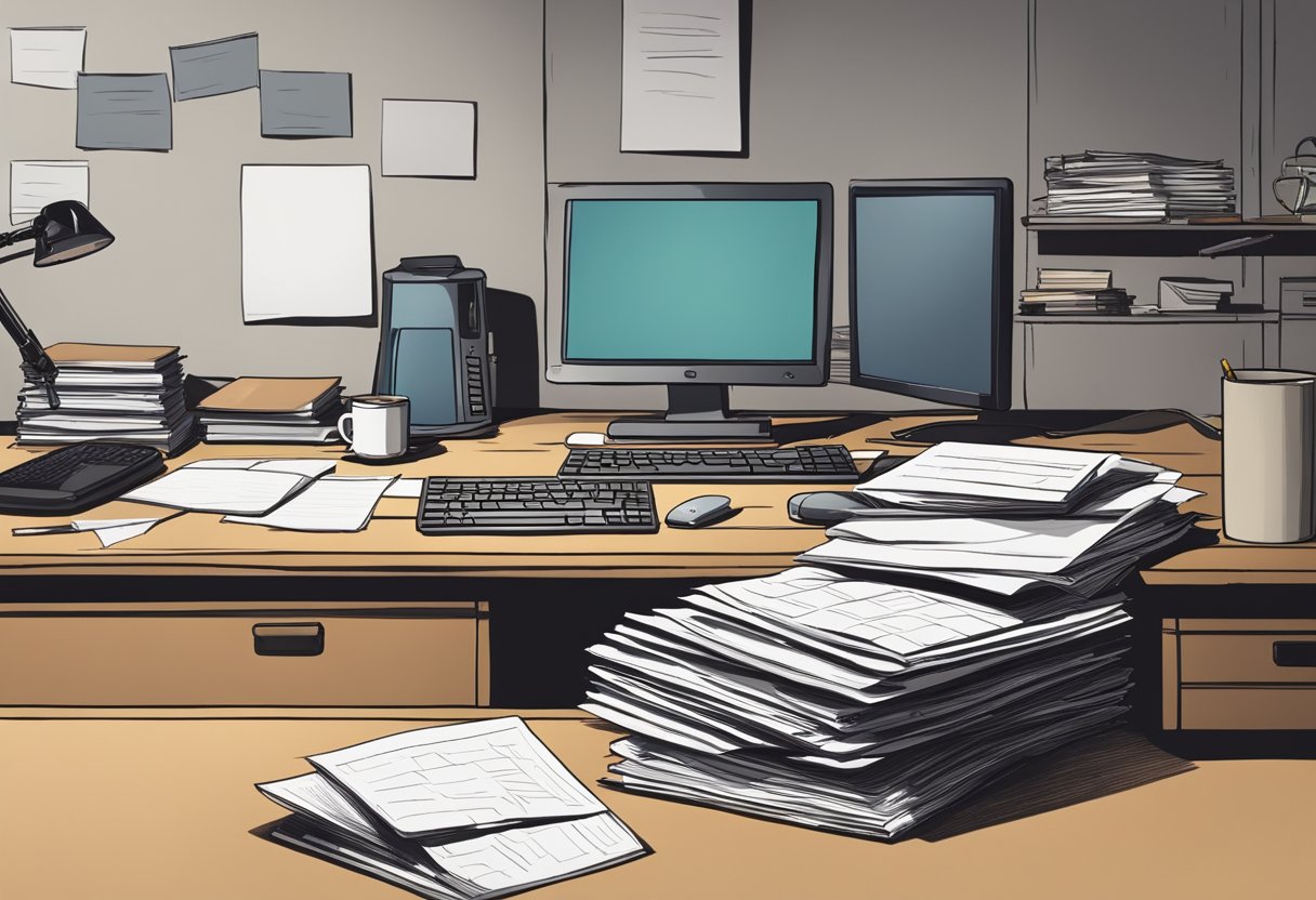 A digital illustration of an office desk with a pile of paperwork
