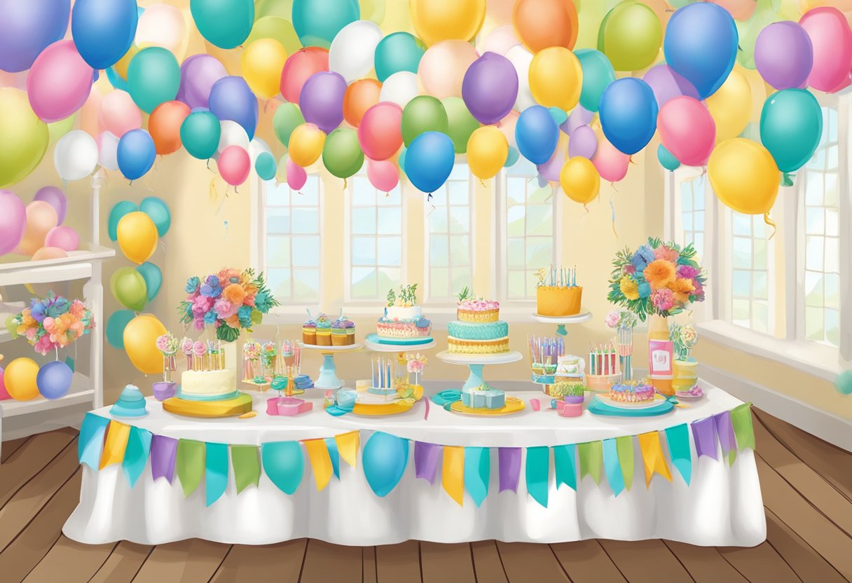 Colorful birthday decor with many balloons and a cake table.