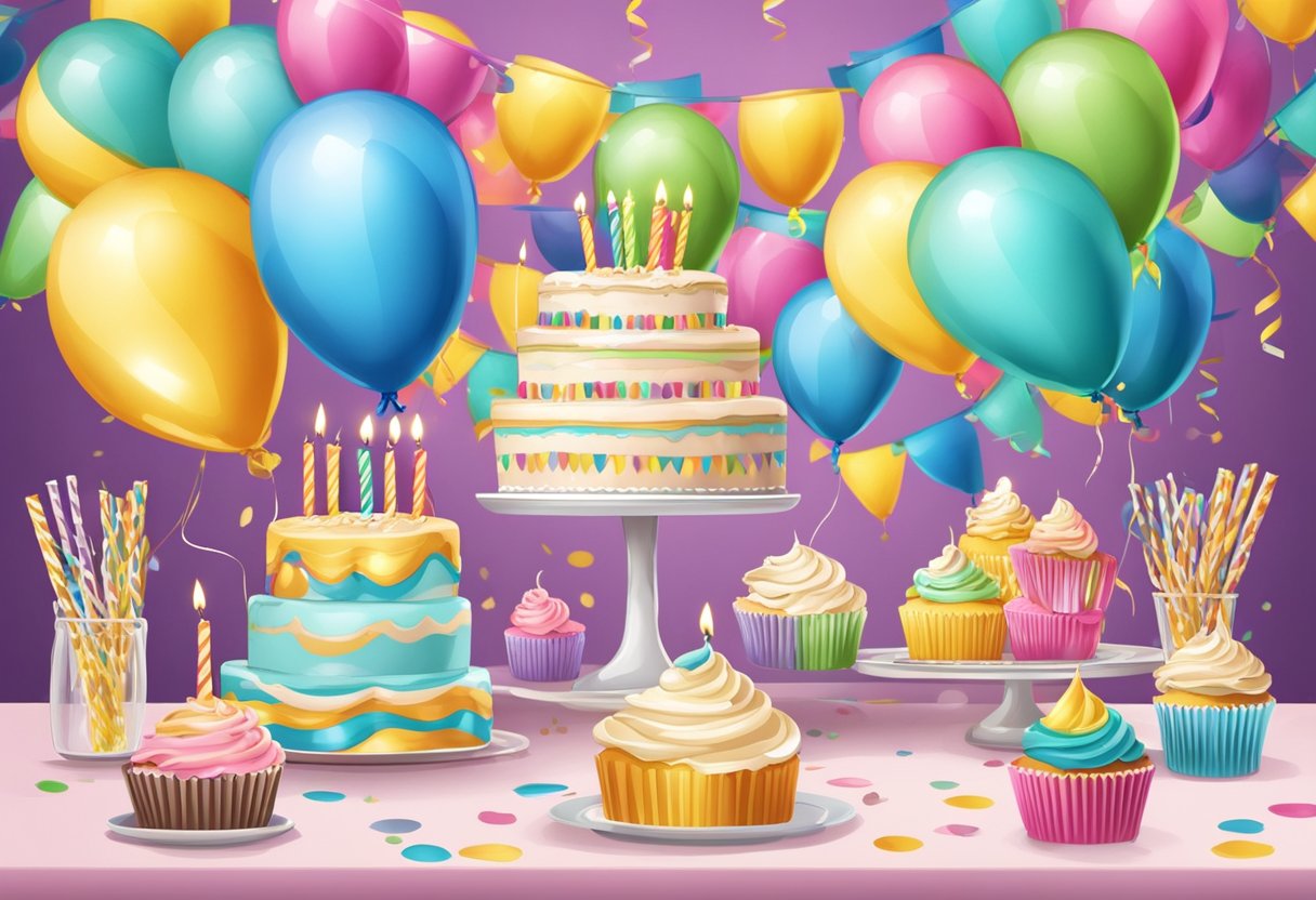 Illustration of colorful birthday decor ideas with balloons, cakes, etc.