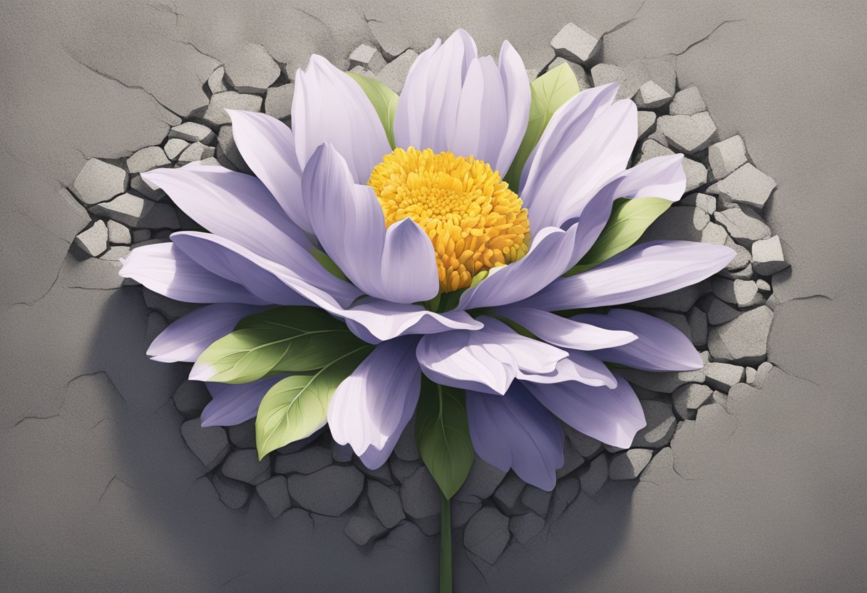 A digital Illustration of a purple flower that has fallen against concrete, breaking it