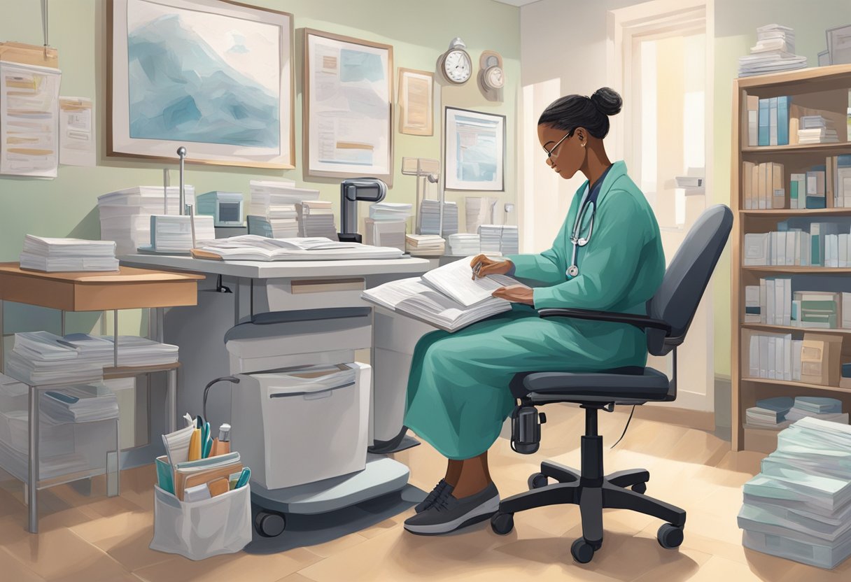 A digital Illustration of a doctor in her office surounded by piles of paperwork