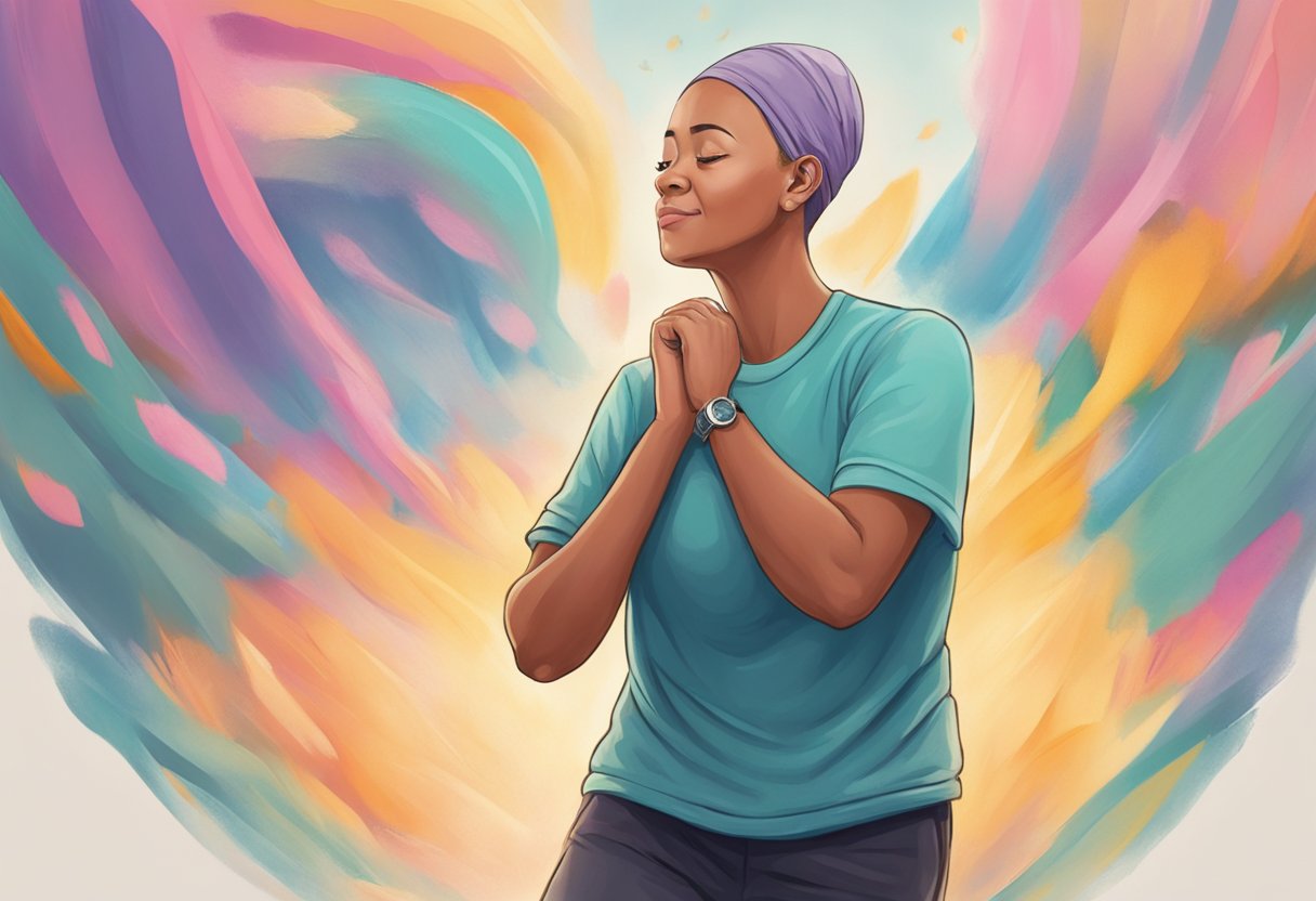 A digital Illustration of a a woman in a skull cap with a content face, colorful background