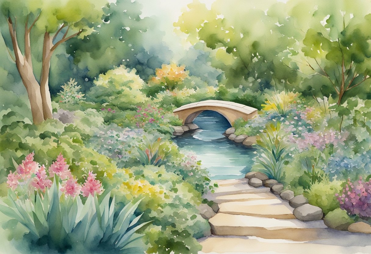 A digital watercolor illustration of a garden with water and a bridge