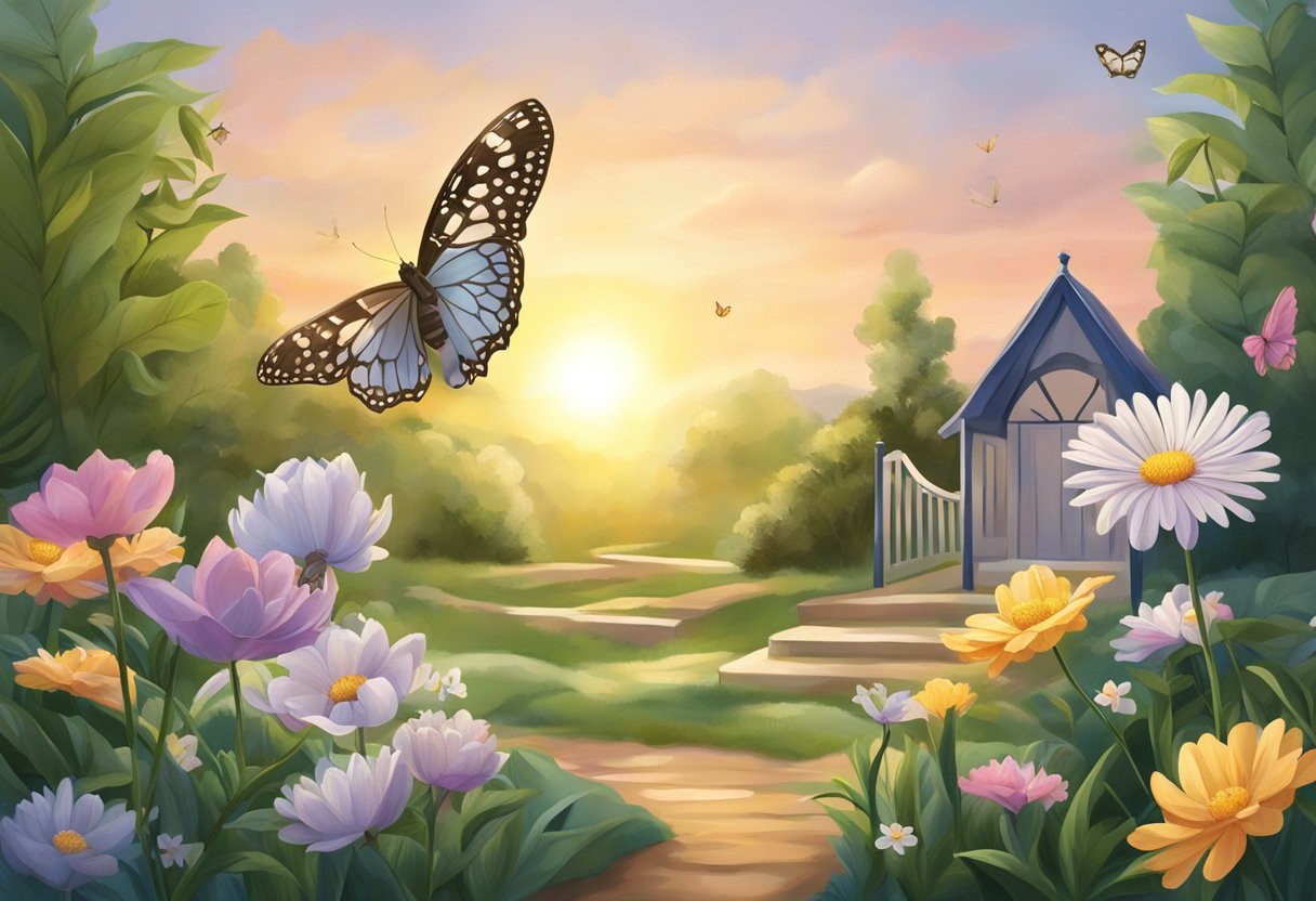 A digital Illustration of a park chapel at sunset with blooming flowers and a butterfly