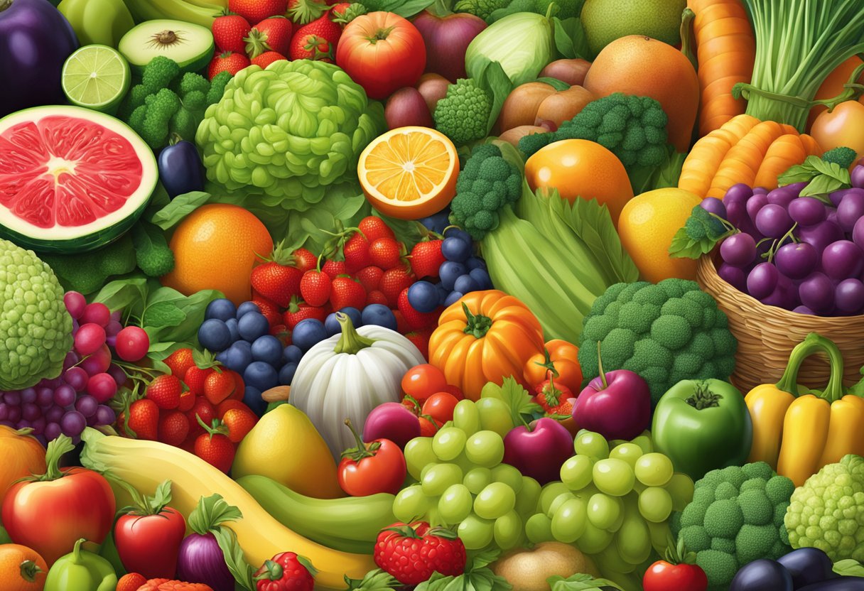A digital illustration of a mega veggie and fruit harvest for nourishing the body