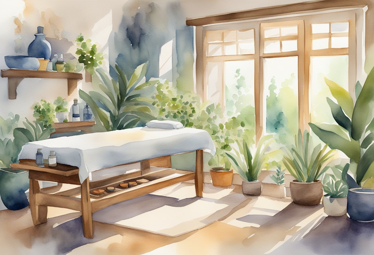 A digital watercolor illustration of a massage table set up in a room with natural light and plants