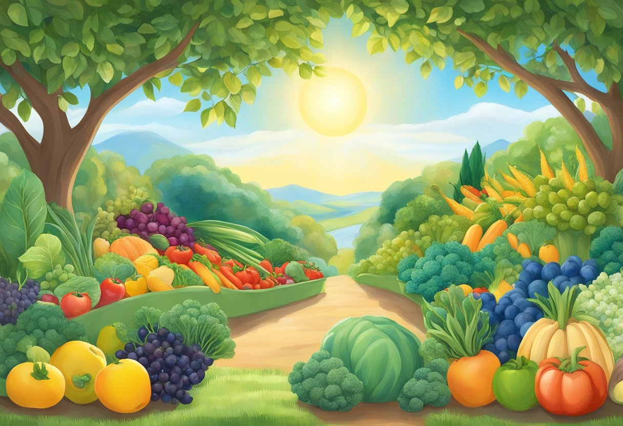 A digital illustration of of a bountiful garden at sunrise