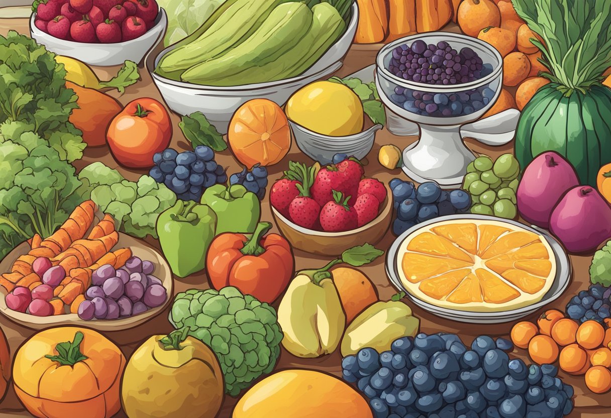 A digital illustration of a table full of fruits and vegetables