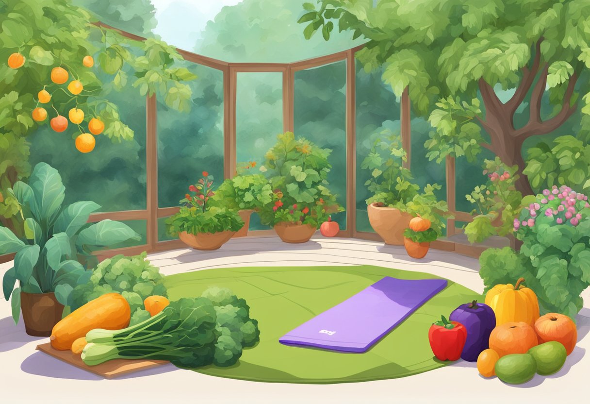 A digital illustration of an outdoor garden with lots of plants and vegetables.