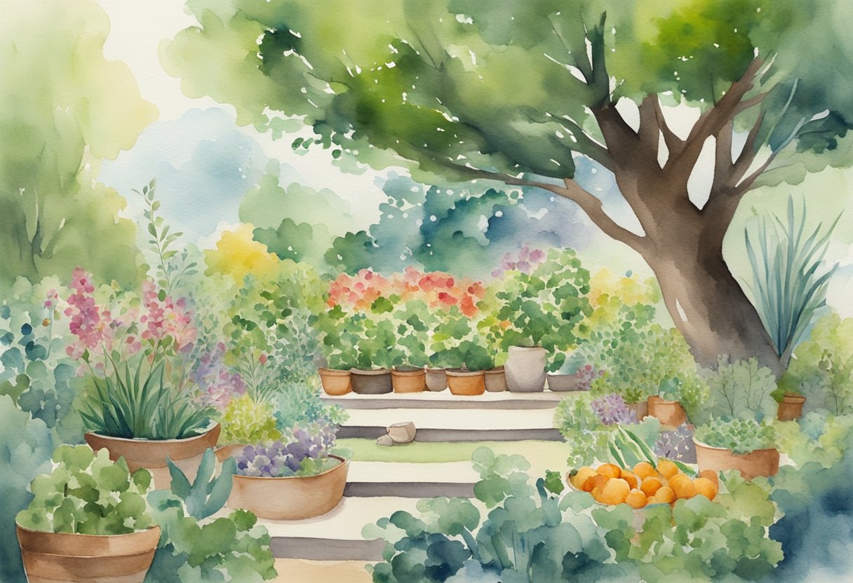 A digital watercolor illustration of a back yard garden