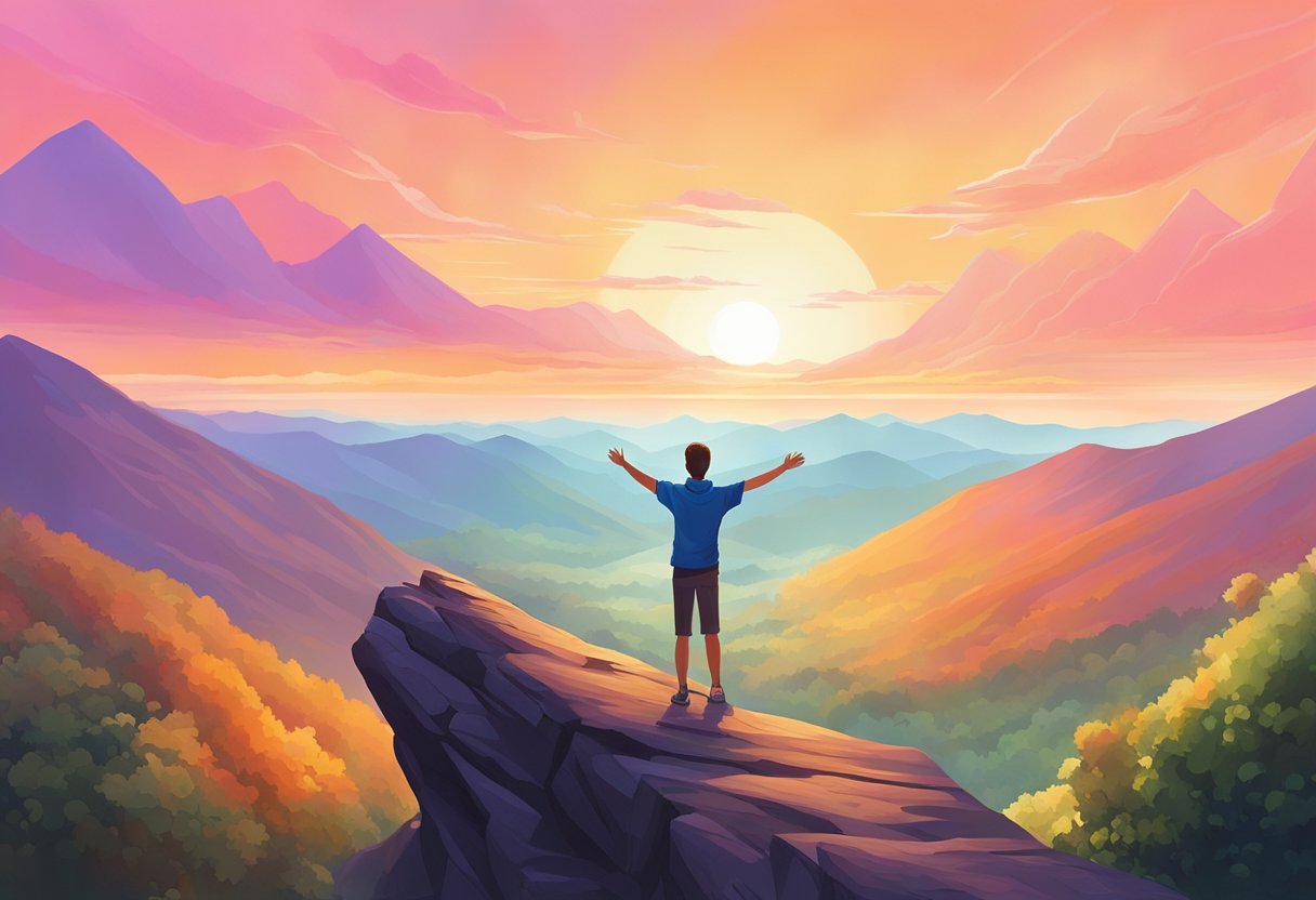 A digital Illustration of a man on a rocky ledge overlooking a mountain valley during sunset with fall collors