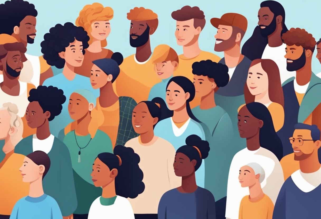A digital illustration of a diverse group of people looking to the right